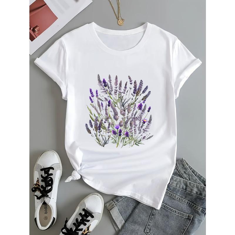 Europeiska storlekar Dam Casual Svart T-shirt med Livfullt Lavendel & Lila Blommönster - Kortärmad, Rundhalsad, Vår/Sommar Topp