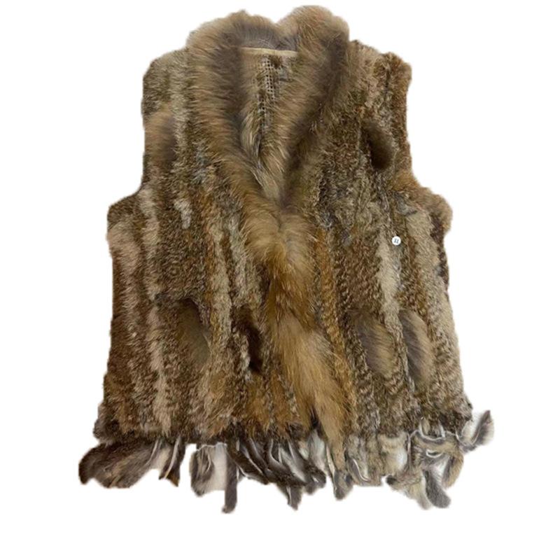 Natural Rabbit Fur Knitted Vest with Tassel Fur Warm Sleeveless Women Fur Gilet with Raccoon Fur Trimming