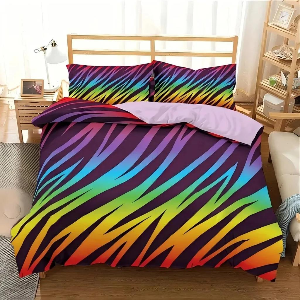 Dopamine Rainbow Stripe 3D Printed Duvet Cover Colorful Printed Bedding Light Luxury 3 Piece Set With 2 Pillowcases No Quilt