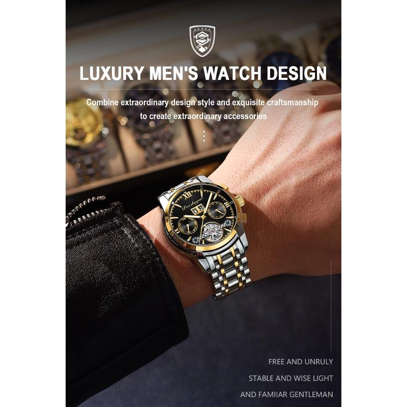 POEDAGAR Automatische mechanische Herrenarmbanduhr Hohl-Tourbillon Edelstahl-Uhr Wasserdicht Leuchtend Datum Uhren