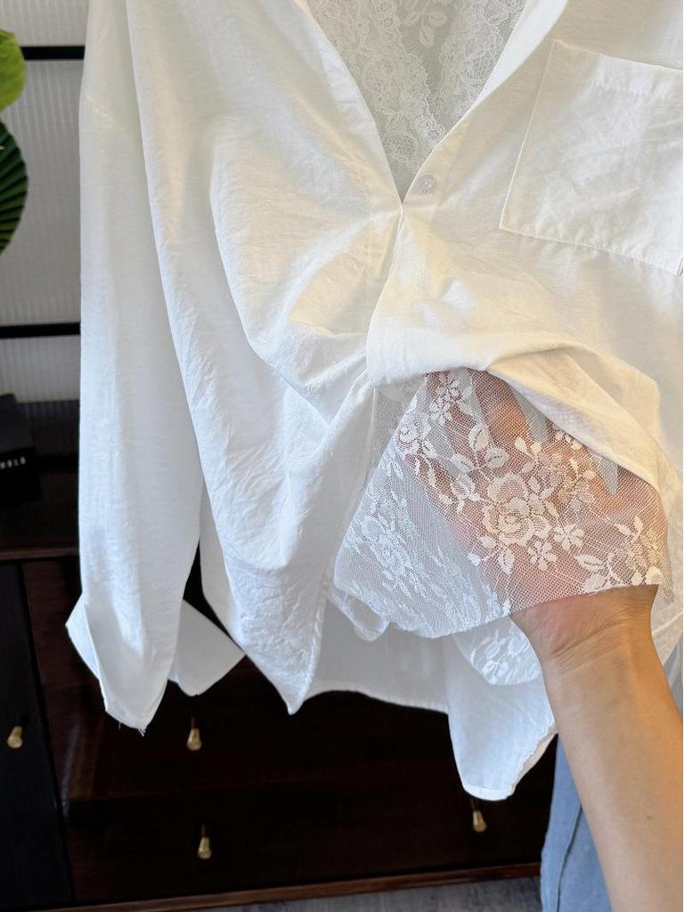 French-Style Two-Piece Set: Turn-Down Collar Long Sleeve Shirt + Lace Vest for Women.
