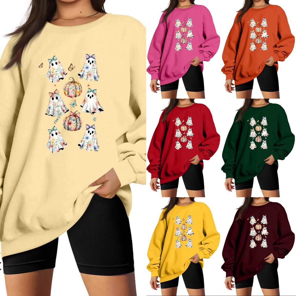 Women's Comfortable Casual Sweatshirt with Long Sleeve, Round Neck, Loose Fit, Small Halloween Print and Color Options