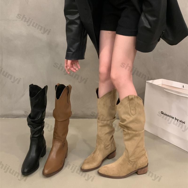 Fashion Vintage Chunky Heel Western Cowboy Boots for Women Winter New Faux Suede Ankle Boots Woman Pointy Chunky Heels Short Botas Mujer