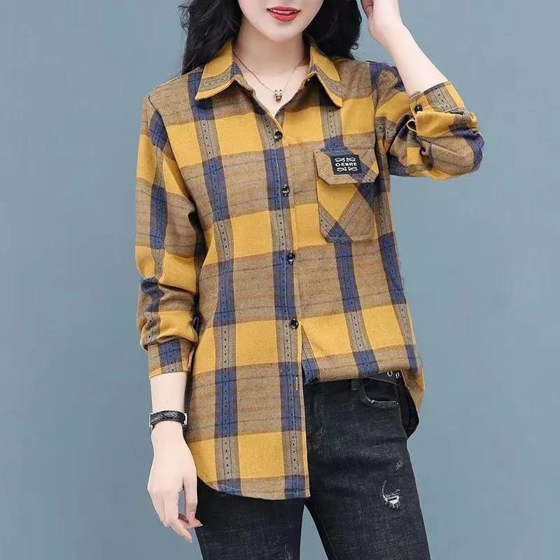 Spring Autumn Fashion Printed Spliced Pockets Plaid Shirt Women's Clothing New Casual Tops Korean Blouse