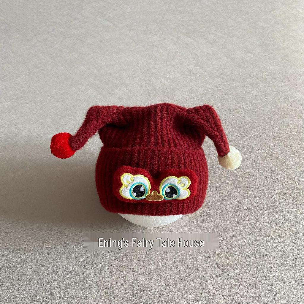 Children's Red Elf Knit Hat with Ear Protection for Autumn/Winter - Cute Pom-Pom Design for Boys and Girls