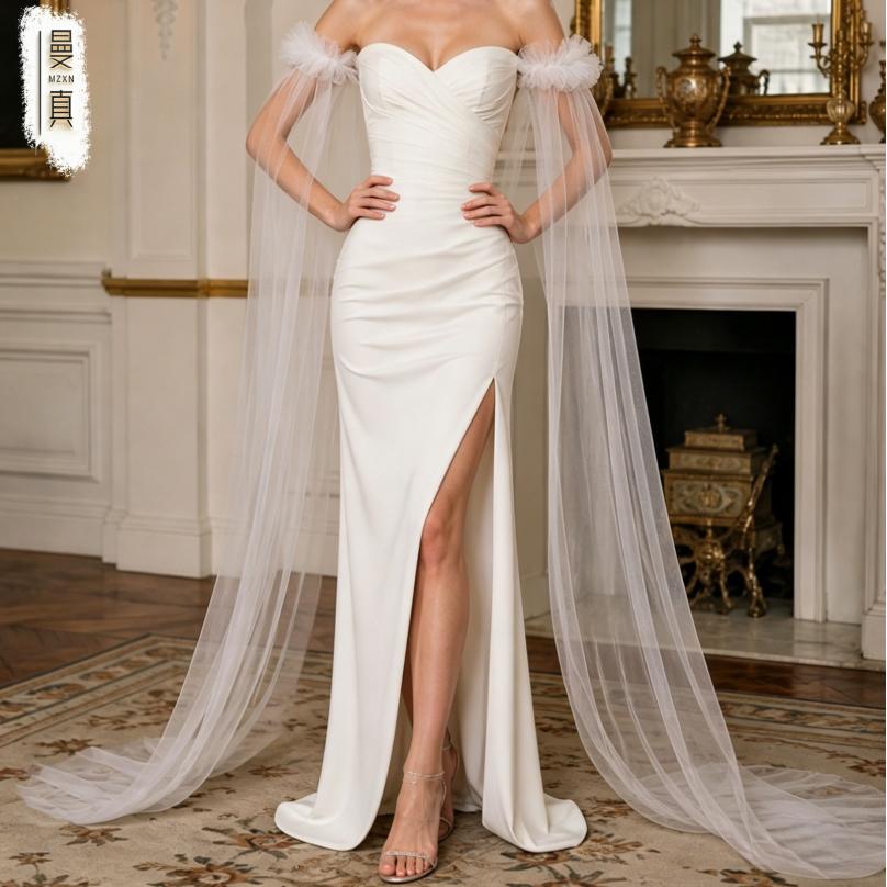 Detachable Off Shoulder Ruffle Tulle Long Train Arm Sleeves Maxi Floating Sheer Bridal Cuffs For Strapless Mermaid Wedding Gown Photoshoot