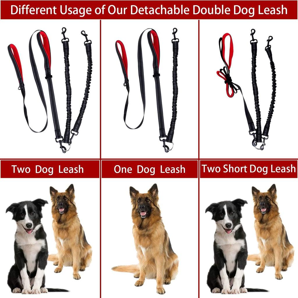 Double Dog Leash, 360° Swivel No Tangle Dog Walking Leash for 2 Dogs up to 200lbs, Comfortable Adjustable Dual Padded Handles
