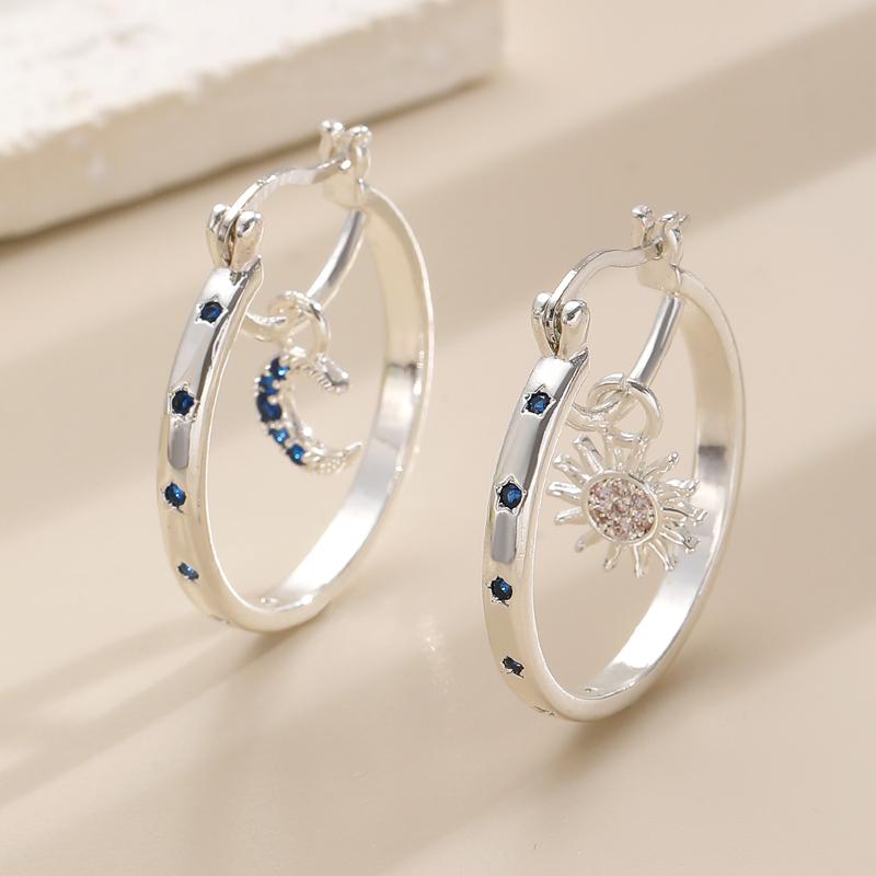 European and American Moon Sun Hoop Earrings for Women Exquisite Copper Inlaid Zircon Asymmetrical Ear Buckle Earrings Zircon