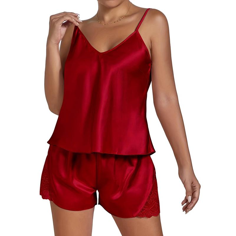 Women Ice Silk Pajama Set Backless Camisole Top and Shorts