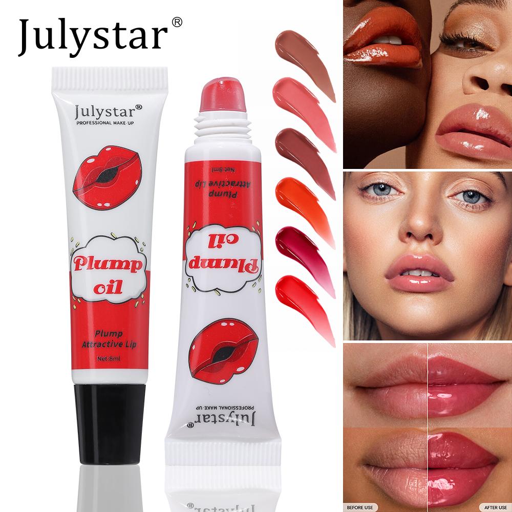 JULYSTAR Tinted Plumping 6pcs Lip Oil Set, Hydrating Squeeze Tube Lip Gloss, High Shine Moisturizing Lip Care Tint Makeup
