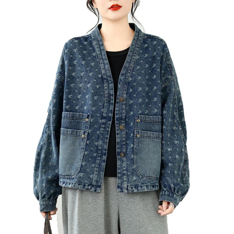 DIMANAF 2026 Herbst Winter Jeansjacken Mantel Print Floral Blau Lässig Langarm Damen Übergröße Locker Knöpfe Taschen Vintage Oberbekleidung