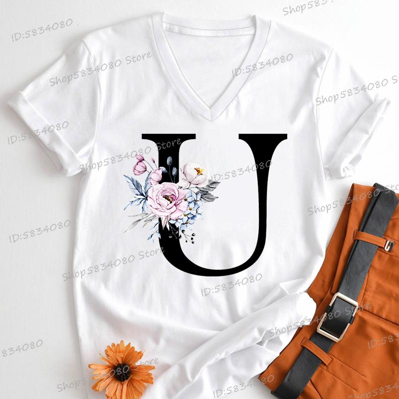 Vintage Flower Alphabet Womens Clothing Letter M Floral Monogram Graphic T Shirts Women AZ 26 Alphabet Gift Shirt for Women