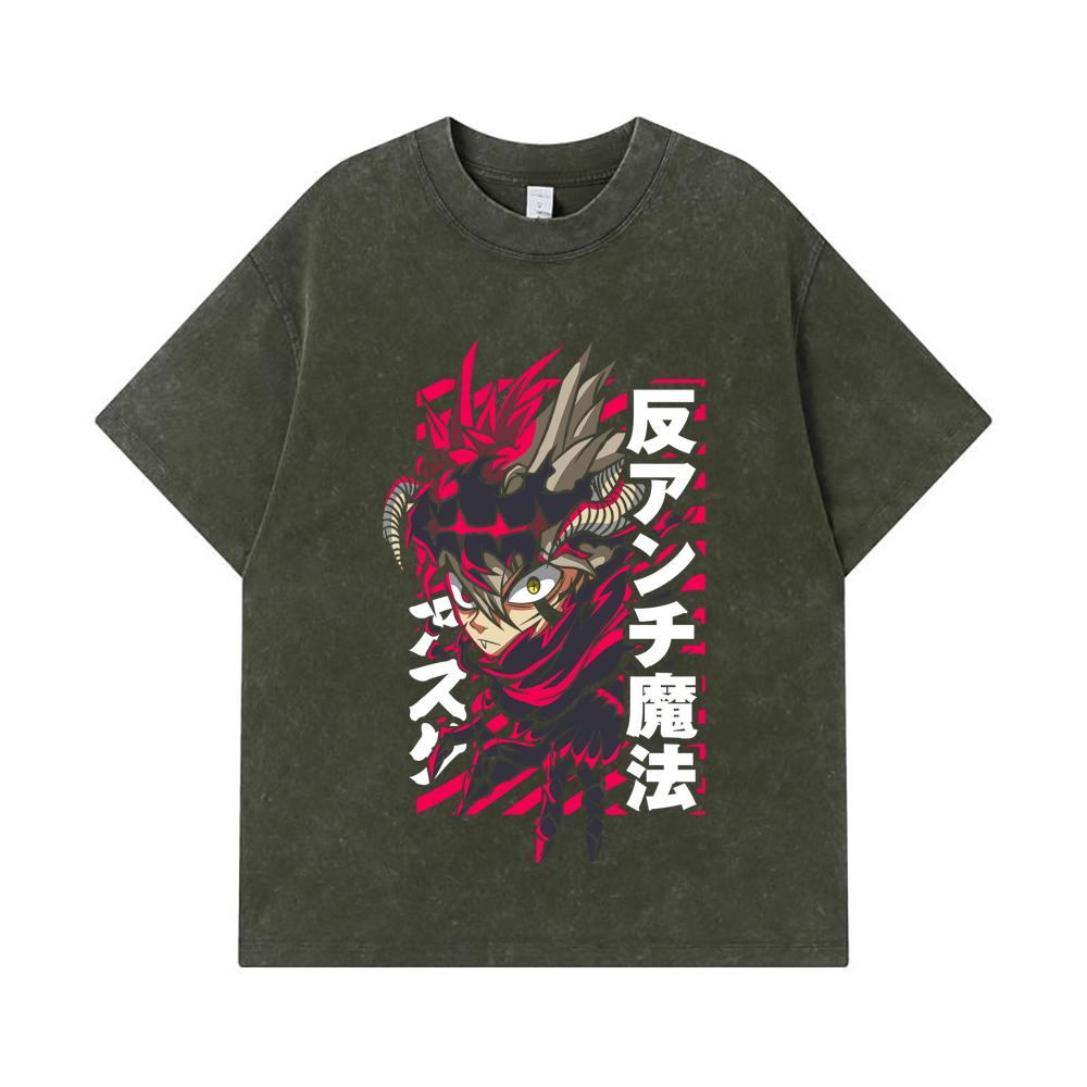275 GSM Washed T-shirts 100% Cotton Black Clover V5 Asta Demon Print Unisex Heavy Cotton T Shirt S армия зеленый