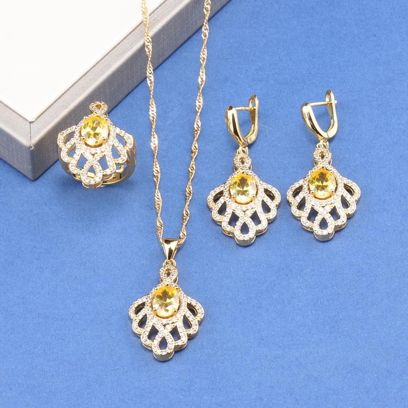 Unique  Gold Plated Wedding Accessories Big Jewelry Sets Colorful Zircon Bridal Necklace And Earrings Ring For Women Gift