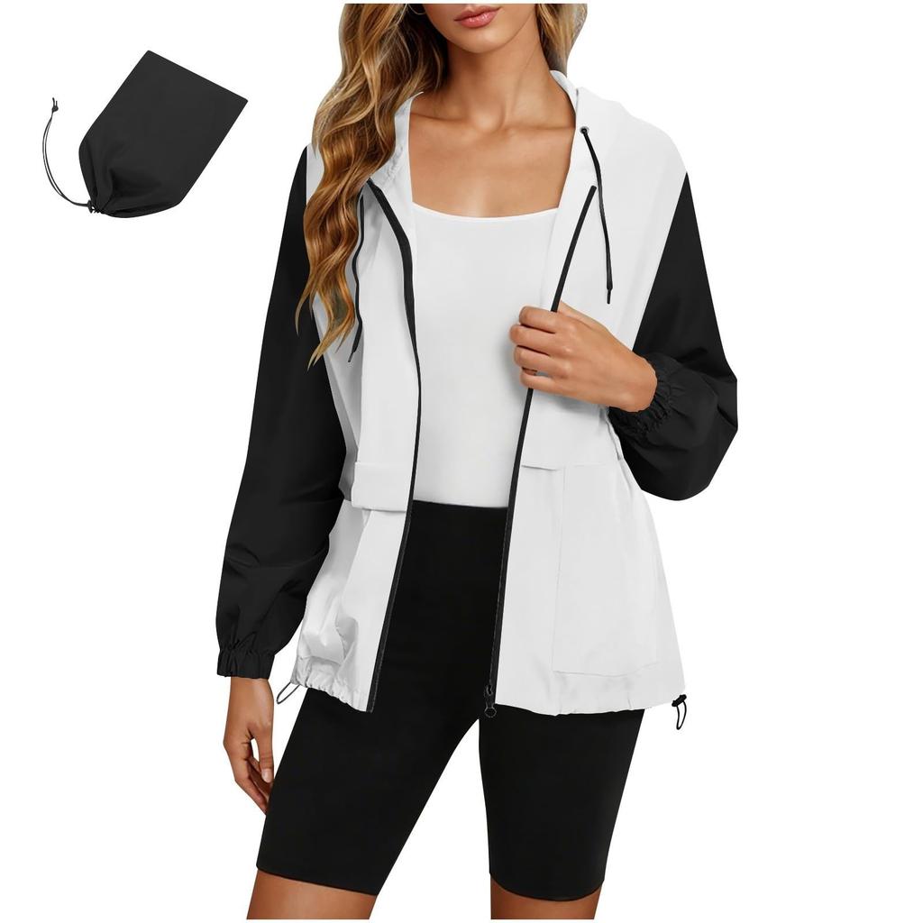 Women's Fashionable Color Blocked Long Sleeved Hooded Zipper Pocket Outdoor Sports Jacket