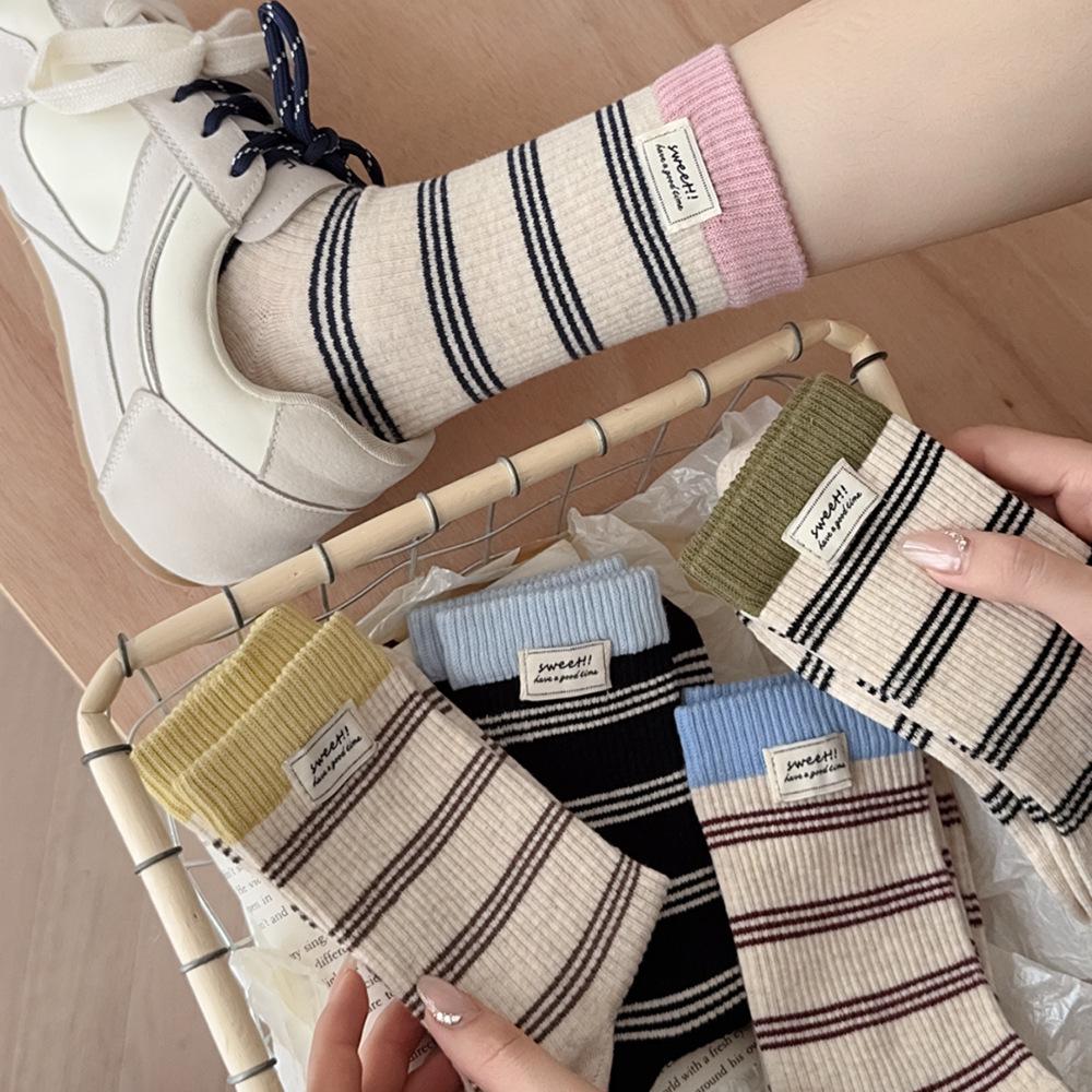 Women's Korean Style Striped Cotton Mid-Calf Socks – Colorful, Trendy & Breathable for Early Spring