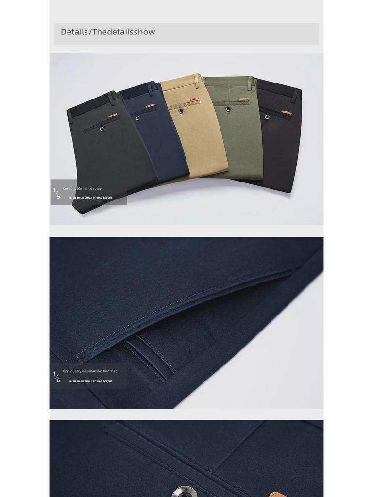 Męskie spodnie bawełniane na jesień z prostymi nogawkami, elastyczne, niegniotące się, naturalnie układające się, idealne do codziennych, biznesowych stylizacji w średnim wieku