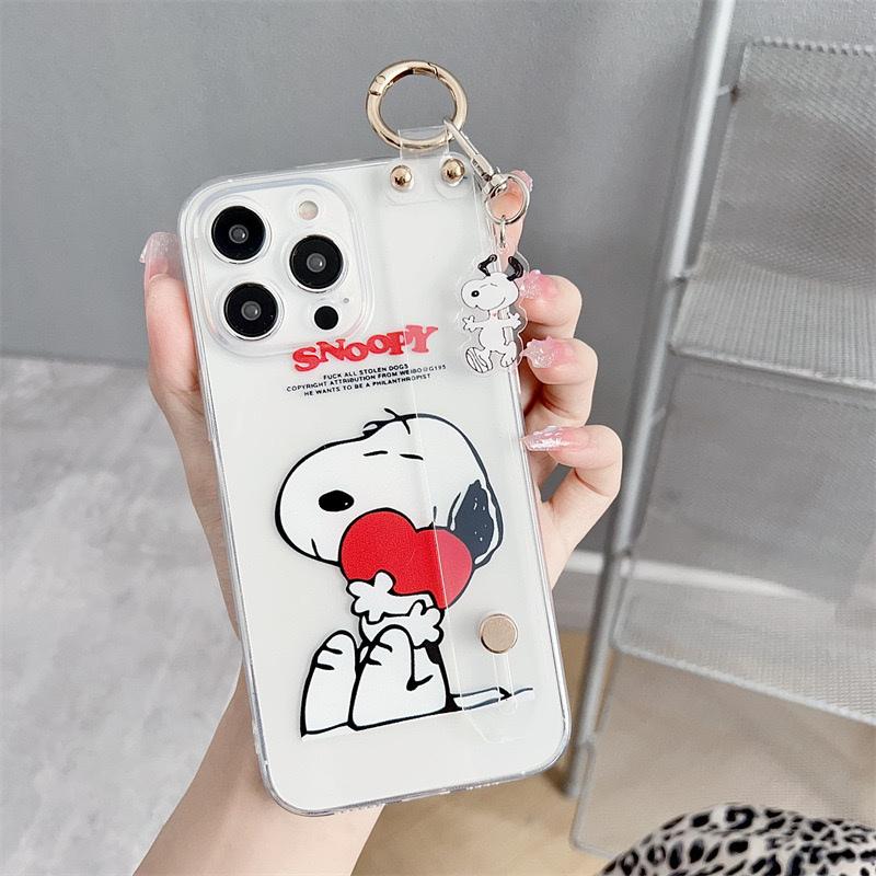 Cute Cartoon Snoopy 3D Love Heart Lanyard Wrist Strap Stand Clear TPU Phone Case For iPhone 11 12 13 14 15 16 Pro Max Plus Cover