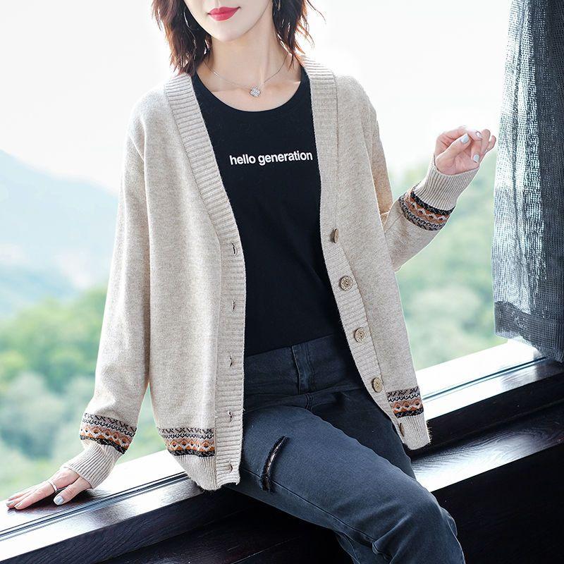 Women's Knitted Sweater Spring and Autumn Models V-neck Colour Blocking Long-sleeved Ethnic Wind Cardigan Jacket Jumper Ladies Tops