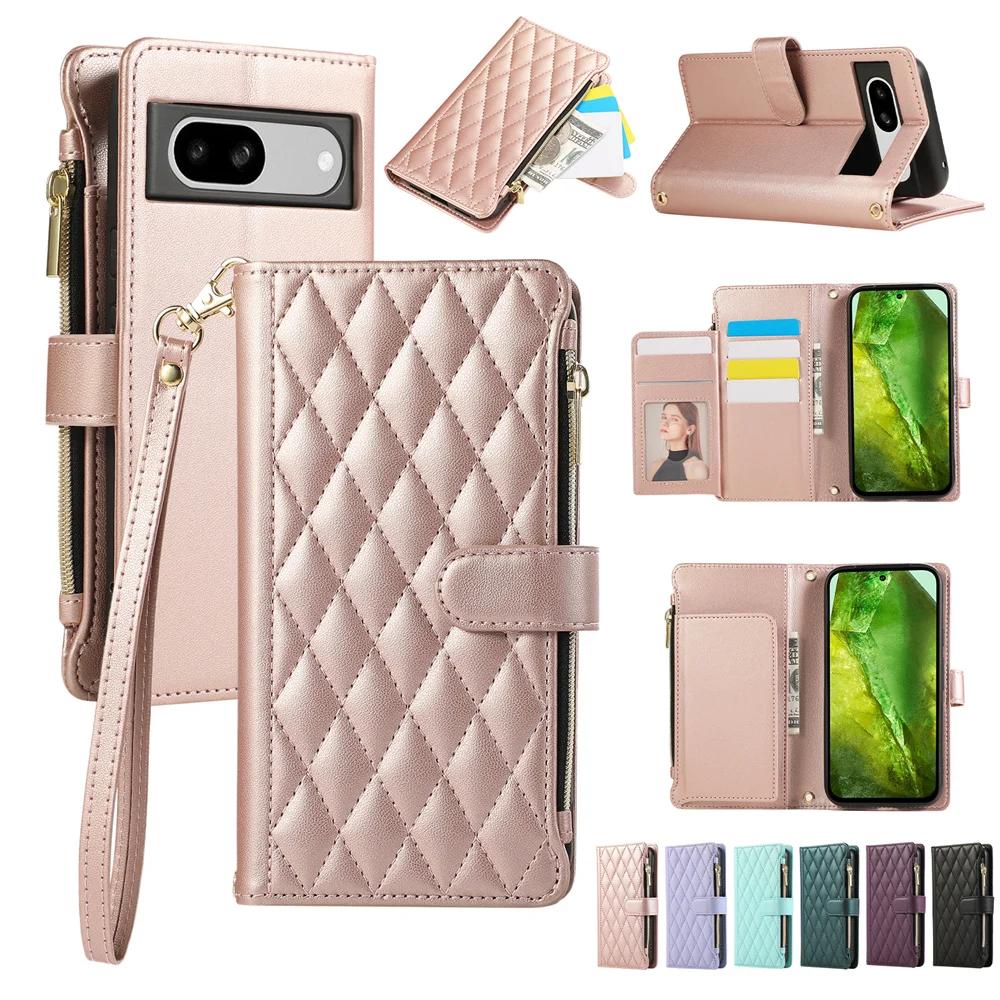 Luxury Crossbody Wrist Strap Zipper Leather Wallet Phone Case for Google Pixel 8 7 6 Pro 8A 7A 6A Magnetic Slot Card Bag Cover