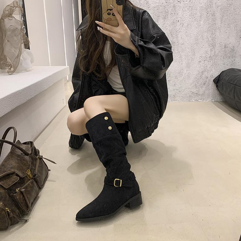 2025 autumn and winter new comfortable versatile stacking boots small long boots pleated belt buckle suede boots