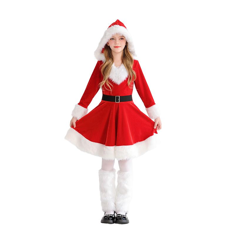 2026 Christmas Children's Costume Girls Long Sleeve Red Dress Party Dress Up Santa Claus