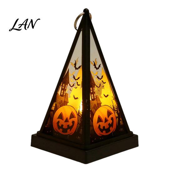 Vintage Style Table Lamp Halloween Lantern LED Candle, Spooky Pumpkin Witch Tabletop Decor with Retro Triangular Wind Metal Hanger, Electronic