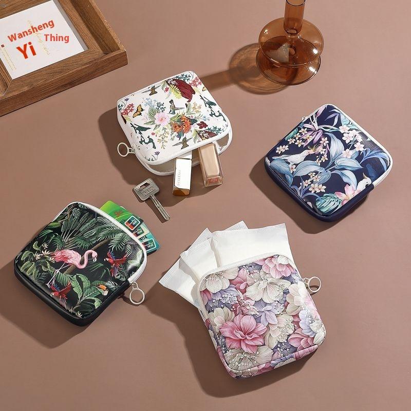 Creative Pvc Sanitary Pads Bag  Floral Print Large Capacity Multipurpose Coin Purse Portable Cosmetic Storage Bag