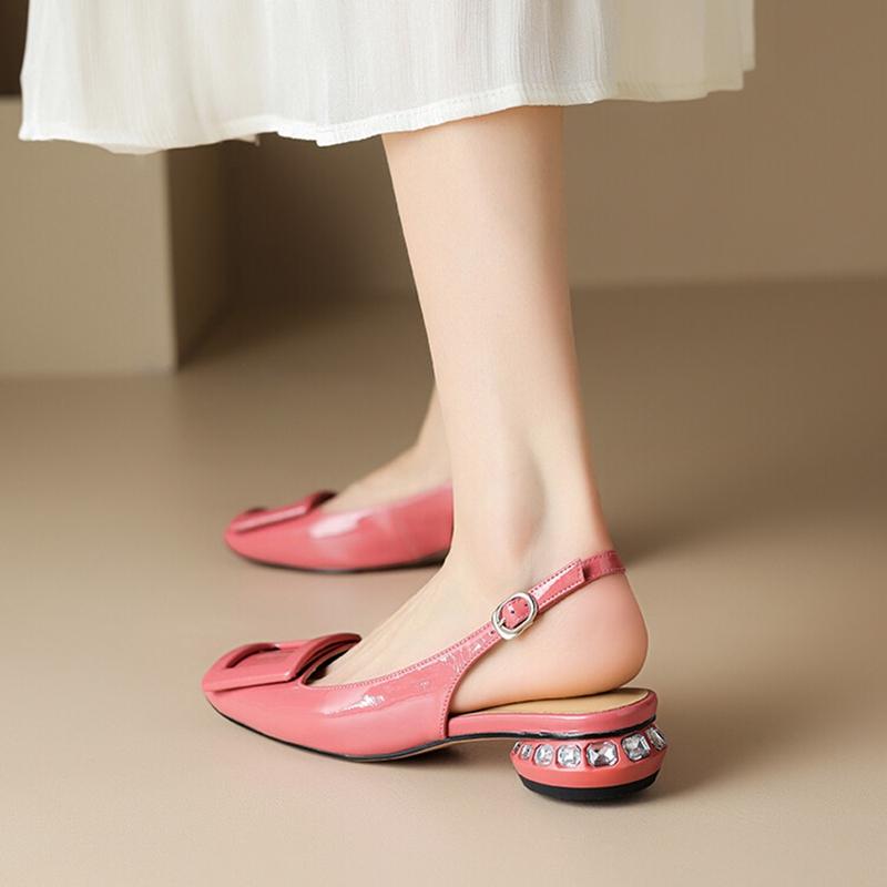 Fashion Summer Women Sandals Patent Leather Shoes for Women Square Toe Chunky Heel Shoes Sweet Cover Toe Slingback Sandals Buckle Shoes