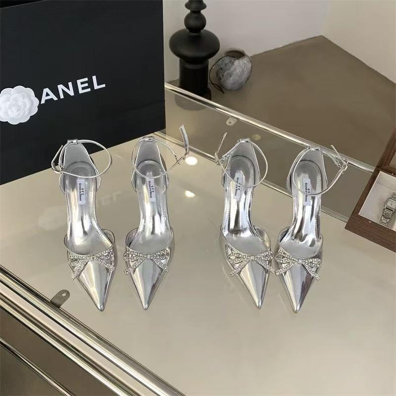 Fashion Women's Stiletto Sandals Spring New Pointy Head Shallow Mouth Rhinestone Butterfly Knot Anti-slip Wear-resistant High Heels