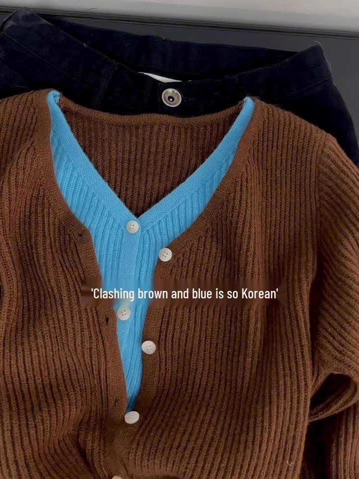 Dámský pletený kardiganový top ve stylu korejského V-výstřihu s barevnými bloky na podzim/zimu