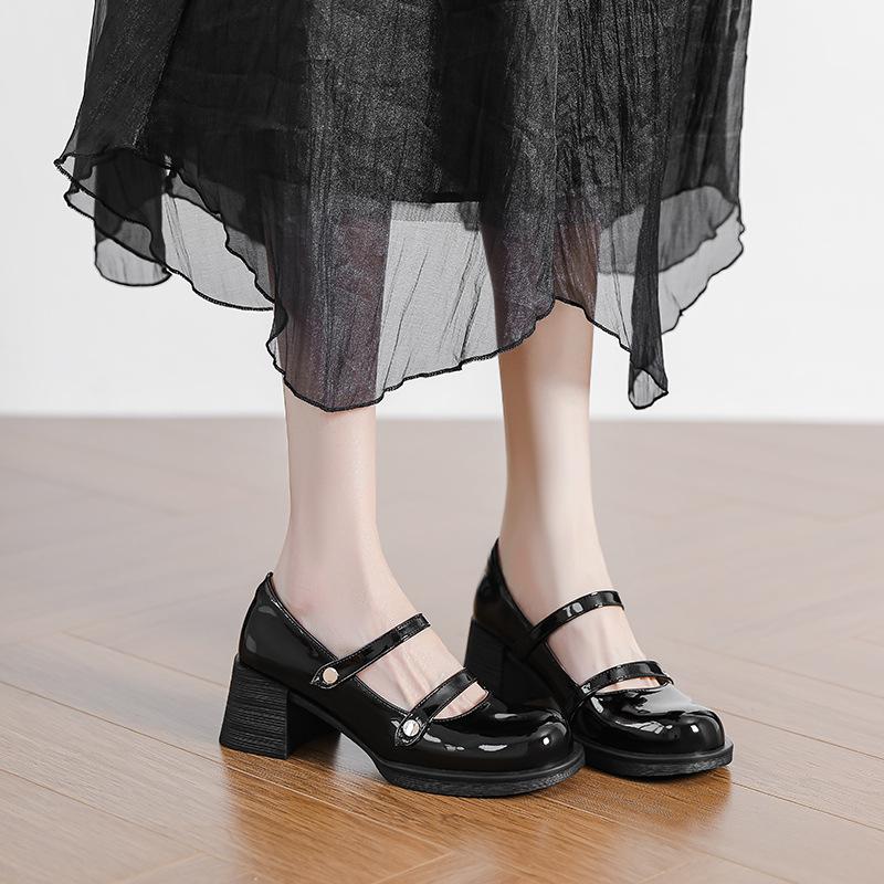 French High-heeled Mary Jane Shoes Women's Spring and Autumn Round Head with Thick Heel Single Shoes Retro Light Mouth Black Small Leather Shoes