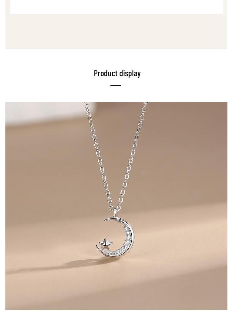 S925 Sterling Silver Star & Moon Necklace for Women - Japanese & Korean Design, Micro-Inlaid Clavicle Chain, Trendy Pendant.