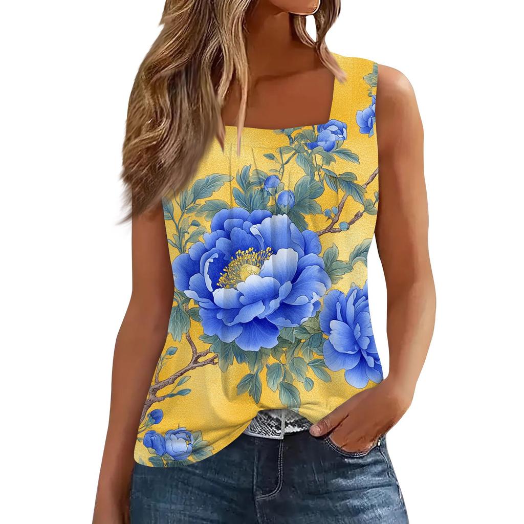 Women's Pleated Square Collar Sleeveless Vest Print T-shirt