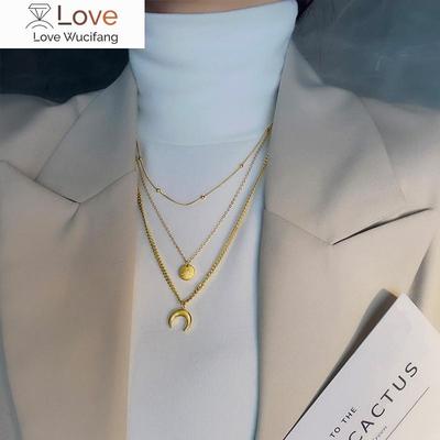 Edelstahl Goldfarben Mond Dreilagige Lange Halsketten Für Frauen Choker Mode Geschenk Neues Geschenk Schmuck