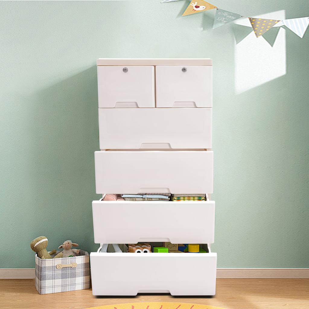 6-Drawer Plastic Storage Cabinet White Modern Dresser Organizer for Closet Bedroom Office 30kg Capacity Rectangular Drawers Unit