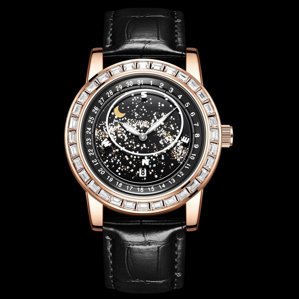 Rotating Gypsy Star Empty Disc Diamond Watch Men'S Fashion Sun Moon Star Waterproof Luminous Men'S Watch