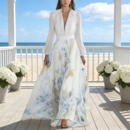 Dámské šifonové šaty s dlouhým rukávem, květinový potisk, hluboký výstřih do V, splývavé šaty áčkového střihu, šaty pro hosty na jarní svatbu