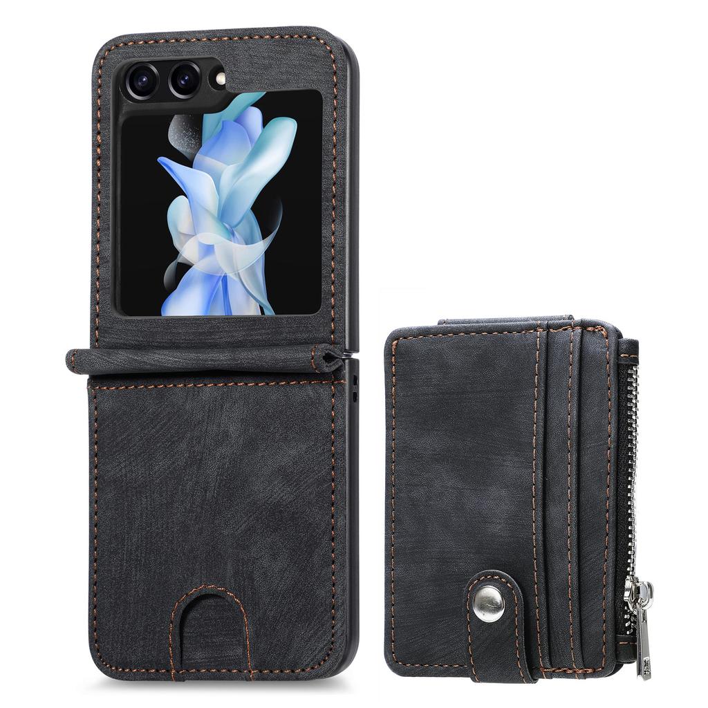 2 In 1 Detachable Leather Zipper Cards Solt Wallet Case for Samsung Z Flip 5 4 3 5G Flip4 Retro Card Holder Coin Purse Bag Cover