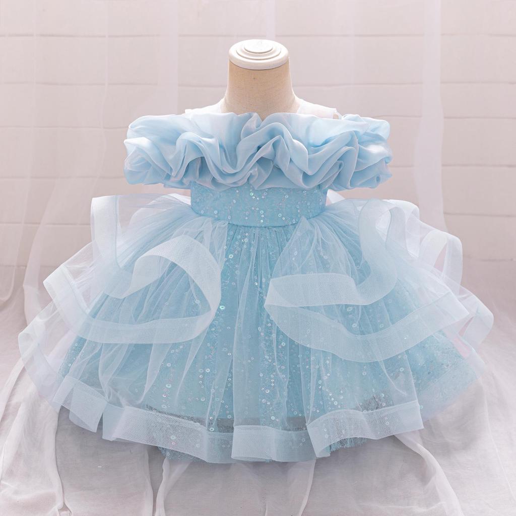 Kinder Schulterfreies Puffiges Prinzessin Mesh Kleid für Klavieraufführungen