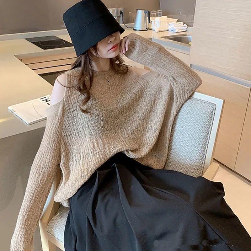 Off-the-shoulder Knitwear Loose Round Neck Pullover Long Sleeve Thin Hollow Out Top Spring Autumn Lazy Style