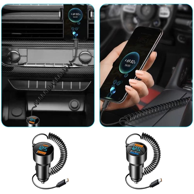 High Speed Charging Car Adapter Double Port Car Power Supply Equipped Type C Coiled Cord for Efficient Charging