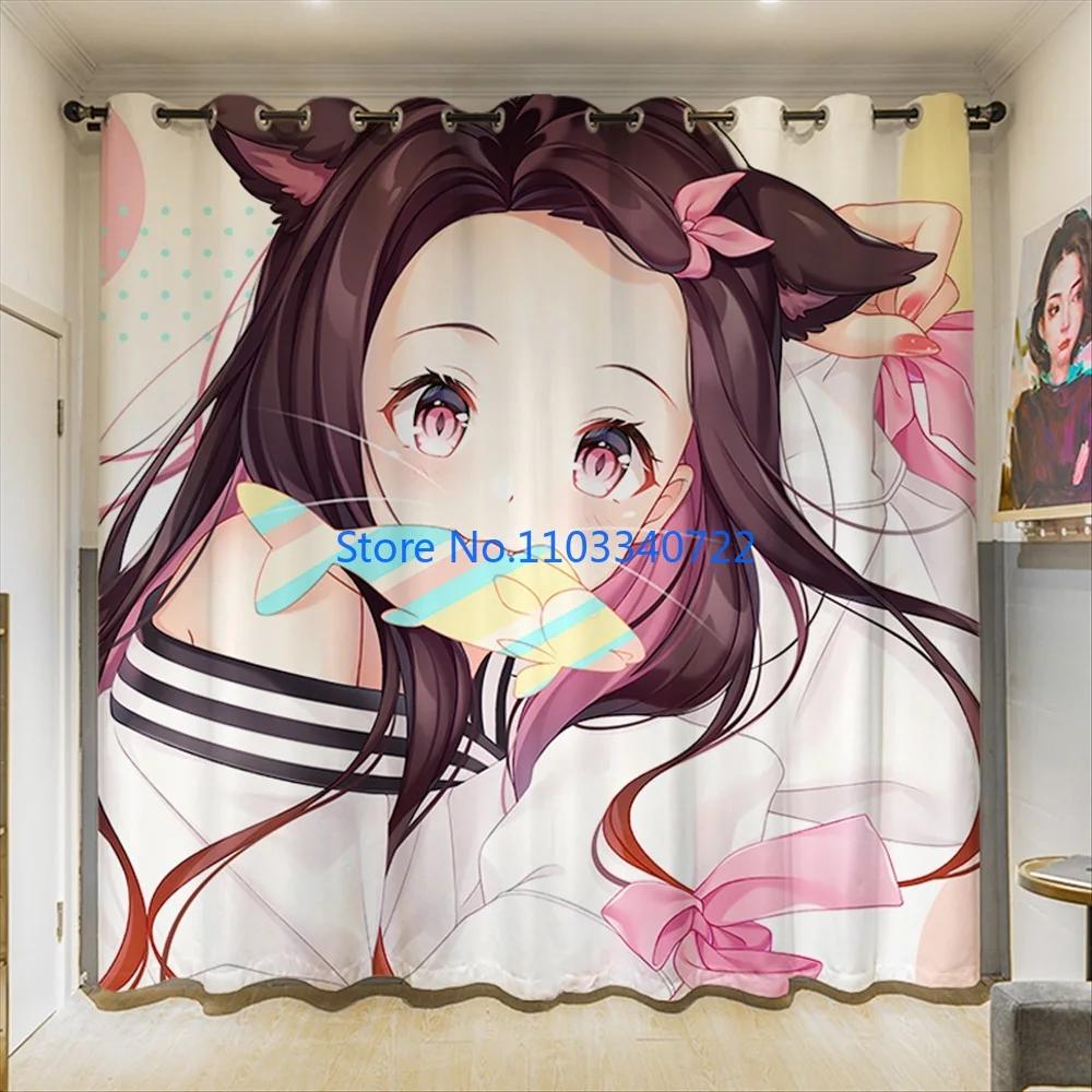 Girl Demon Slayer Giyuu Anime Window Curtain Print Curtains Living Room Bedroom Size Kids Gift Blackout Made Of Polyester Great Decor