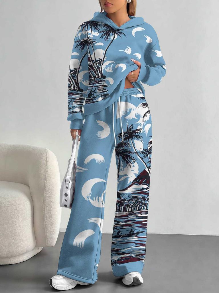 Retro Pattern Splicing European, American Autumn And Winter Casual Long-Sleeved Suit Women'S Hooded Sweater Trousers Two-Piece Set