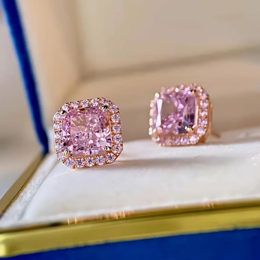 Pink Synthetic Gemstone Stud Earrings - Hypoallergenic, perfect for weddings, daily wear, and April birthdays.