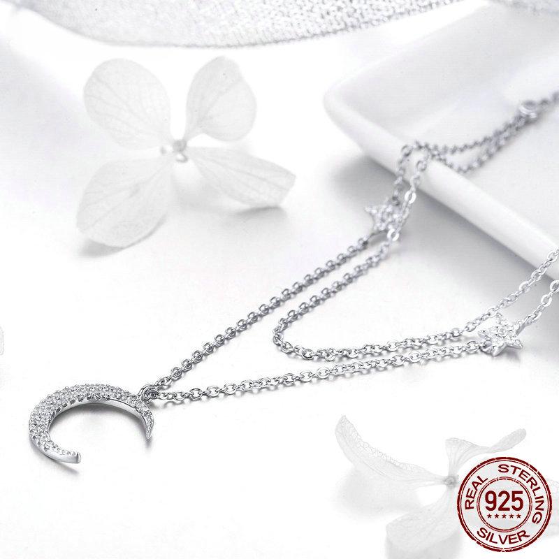 Echte 925 Sterling Silber Mond & Stern Doppelschichten Kette Anhänger Halsketten für Frauen Sterling Silber Schmuck BSN038