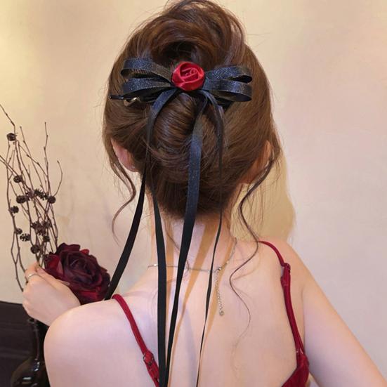 Girl Hairpin Smooth Edges Rounded Gripper Clip Satin Fabric Long Ribbon Bow Rose Flower Decor Buns Ponytails Clip Hair Accessory