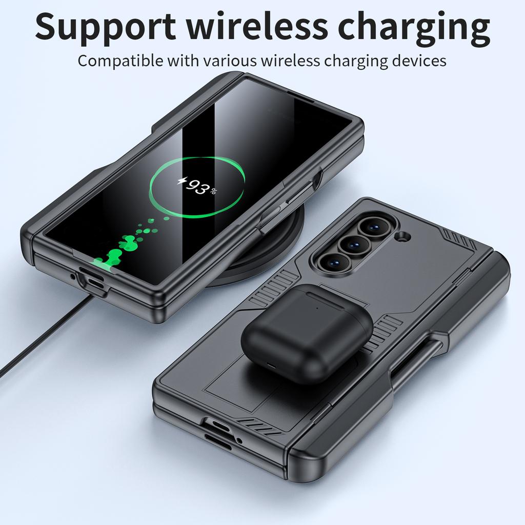 for Samsung Galaxy Z Fold 6 Phone Case With S Pen Holder, Hidden Stand, Screen Protector, Sturdy Shockproof Protective Case-Black