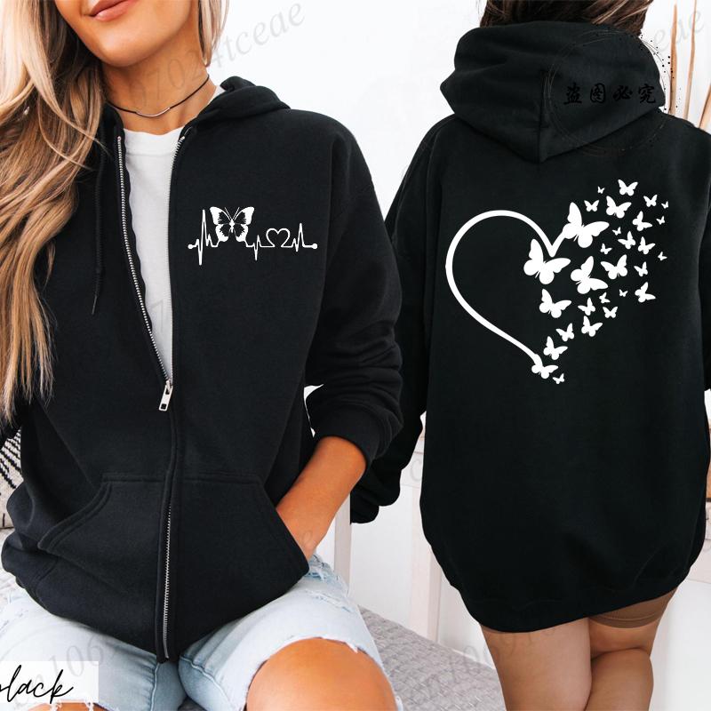 New Fashion Zipper Hooded Hoodie Clothes Butterfly Heart Printed Fashion Sweatshirts Casual Fashion Zip Up Jackets Coat Tops