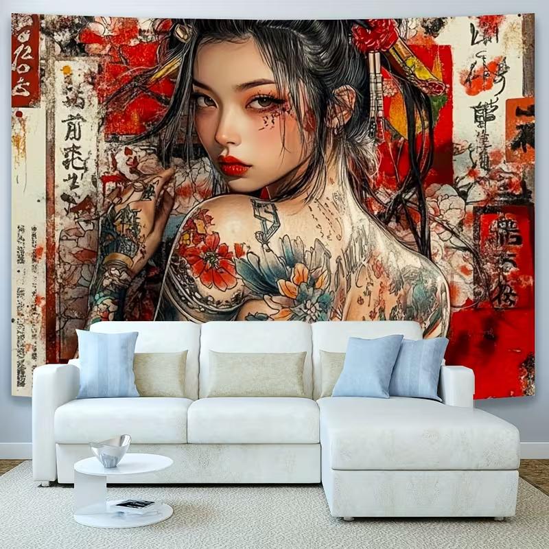 2D Yakuza Style Geisha Tapestry, Tattooed Woman with Cherry Blossom Print Wall Hanging